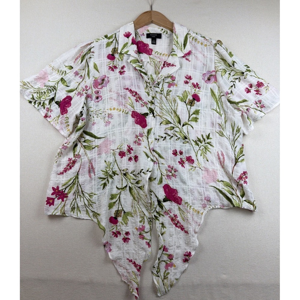 Floral Button Up Crop Top Tie Front Blouse XL Coastal Resort Preppy Fairy Beachy - Picture 10 of 13